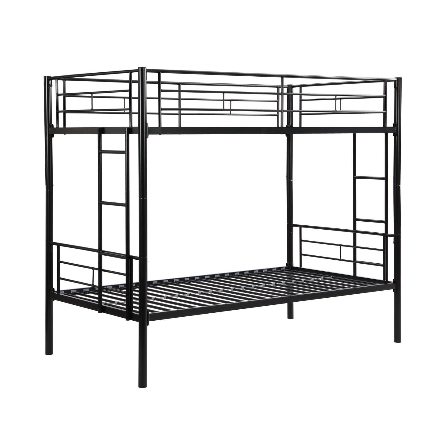 Cama de dos pisos con cama superior tamaño twin, 2 escaleras y barandilla de longitud completa, acabado negro