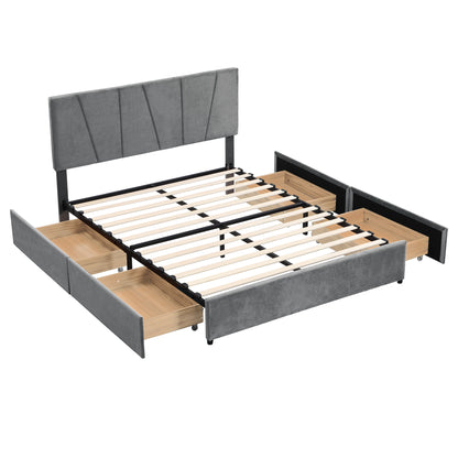 Queen Upholstered Platform Bed with Drawers Gray