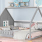 Full Size Wood House Bed with Window and Fence  Gray