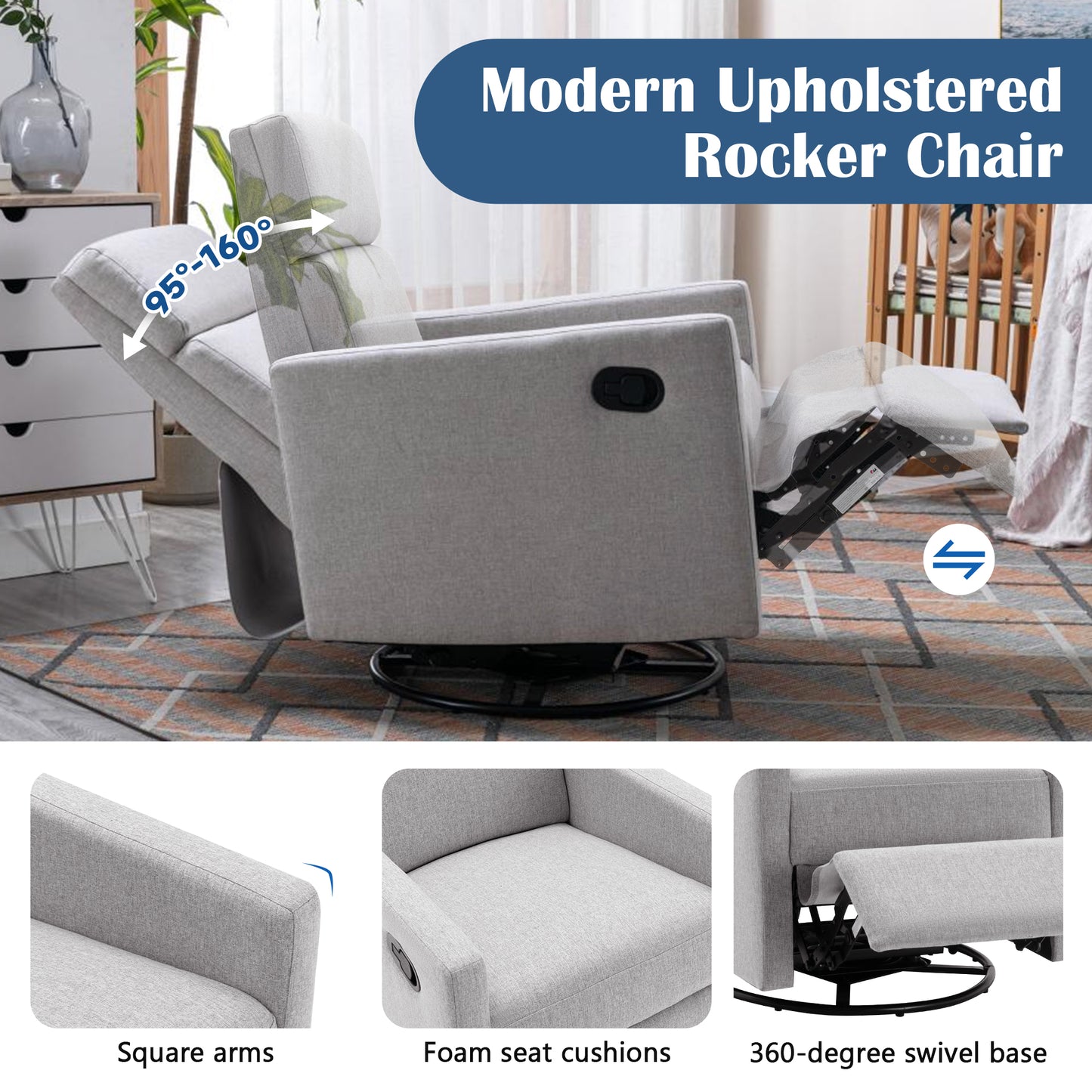 Modern Upholstered Rocker Nursery Chair Plush Seating Glider Swivel Recliner Chair Gray