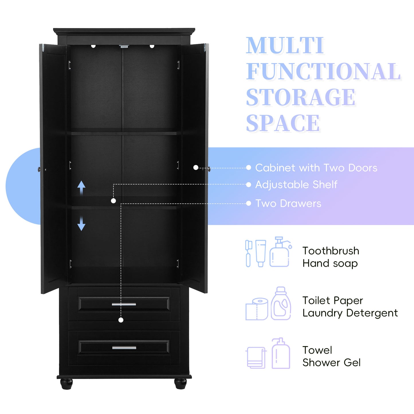 Tall Storage Cabinet with Two Drawers, Perfect for Bathrooms and Offices, Black Finish