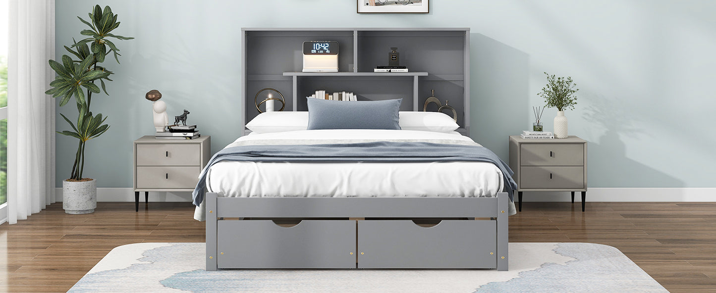 Full Size Platform Bed with Storage Headboard and 2 Drawers, Gray