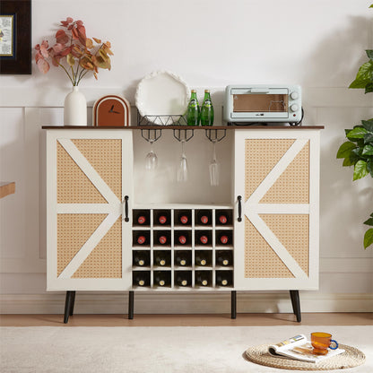 White Faux Rattan Barn Door Wine Cabinet with Wine Rack and Wine Glass Rack, Double Door Design with Removable Shelves