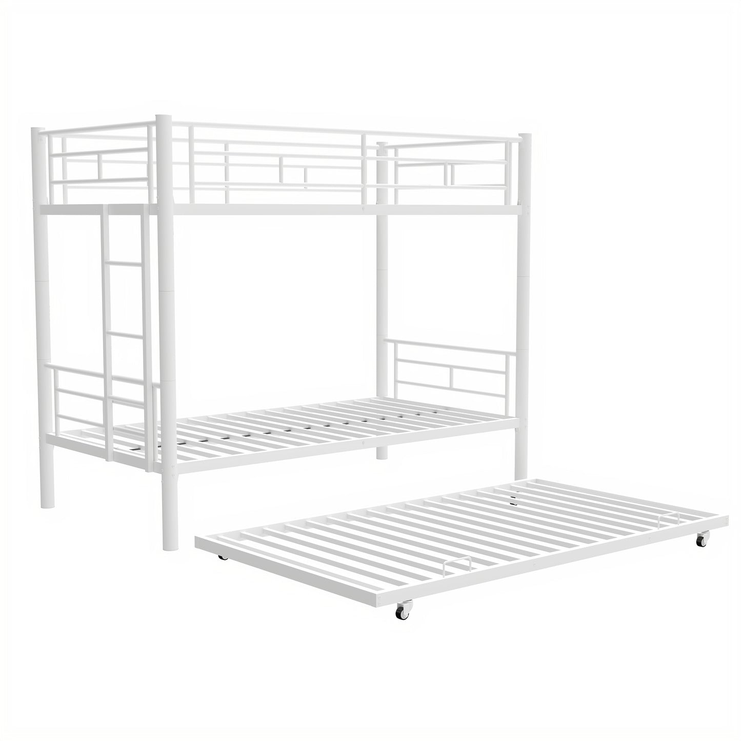 Heavy-duty Sturdy Meta Twin over Twin with Trundle Bunk Bed/l/ Noise Reduced/ Safety Guardrail/No Box Spring Needed,White