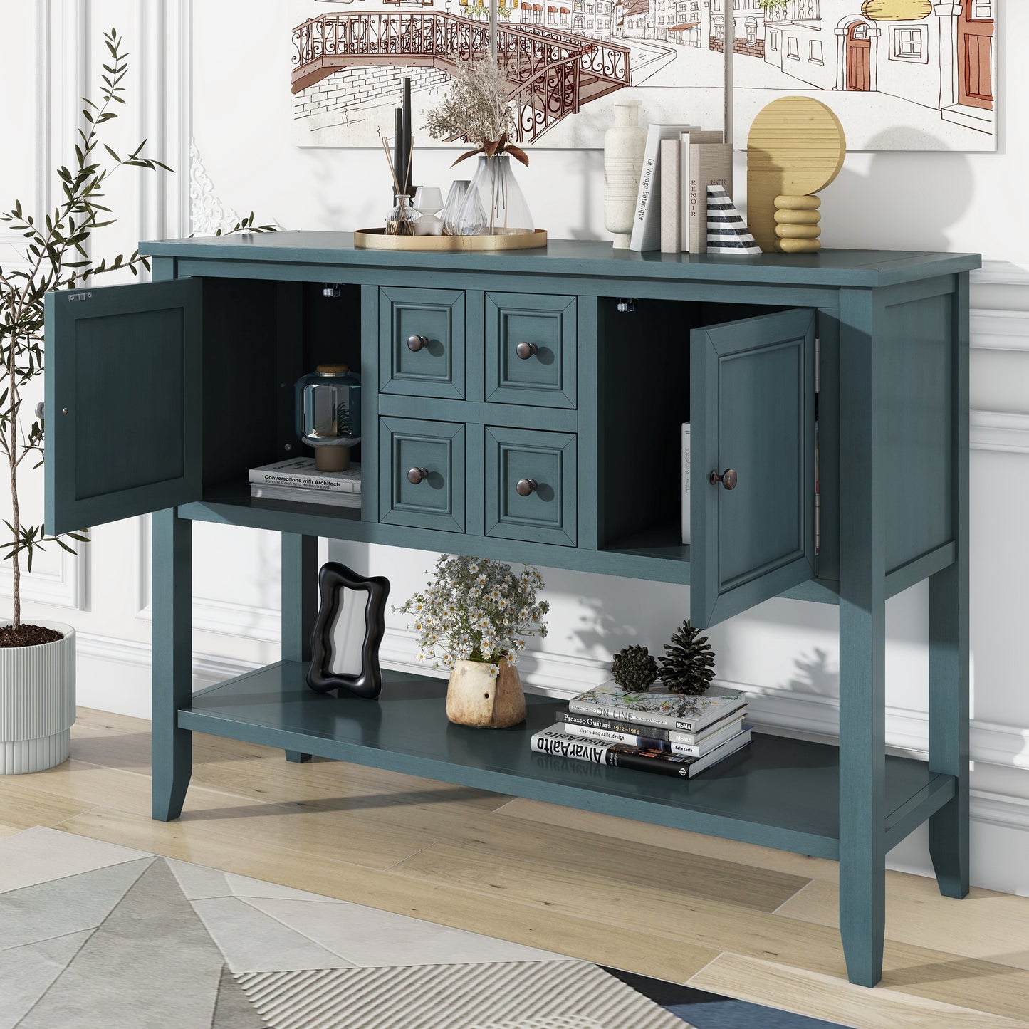 REXM Cambridge Series Retro Console Desk with 4 Small Drawers and Bottom Shelf, Spacious Storage Design