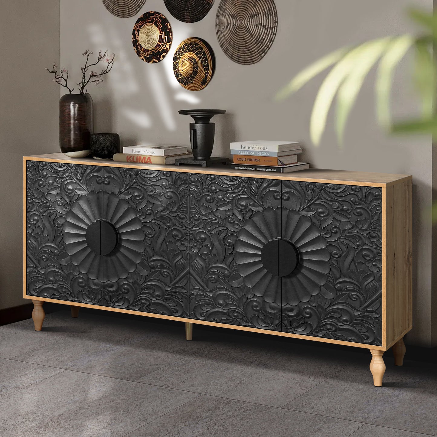 Black Carved Symmetrical Design Door with Wood-Colored Frame, Perfect for TV Stands and Living Rooms