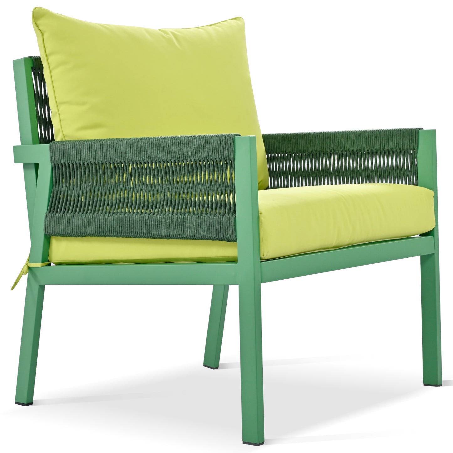 Muebles de exterior con mesa de vidrio templado, asientos profundos con cojines gruesos en amarillo fluorescente y verde