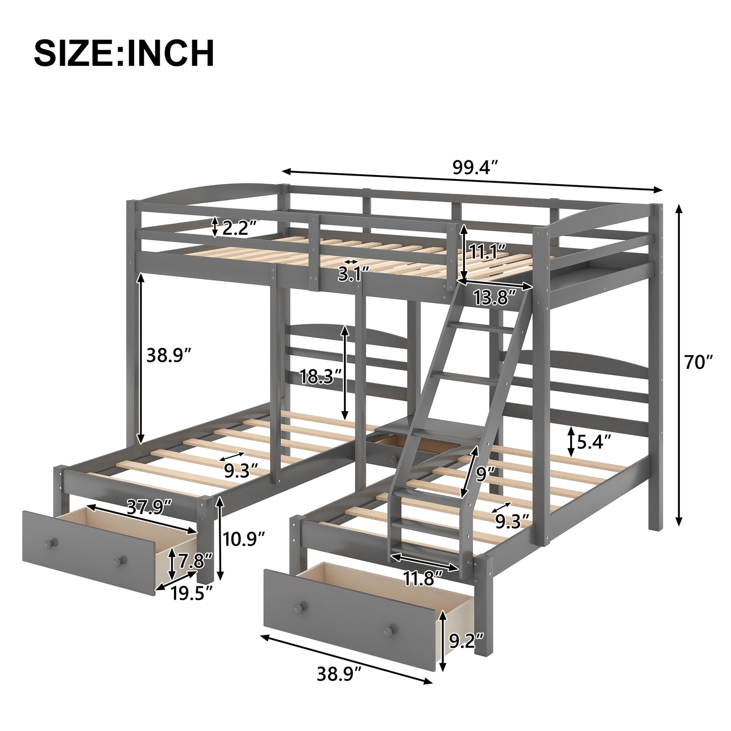 Full over Twin & Twin Bunk Bed,Triple Bunk Bed with Drawers, Gray