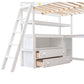 Full Size Loft Bed with Desk and Shelves,Two Built-in Drawers White