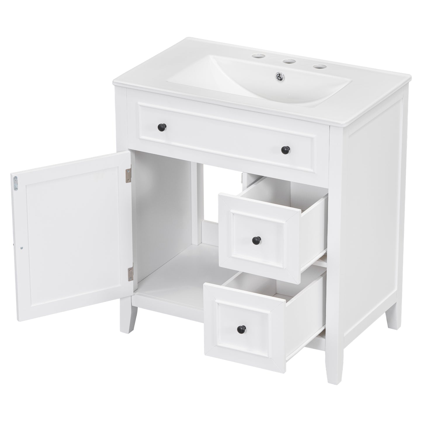 Mueble de baño de 30" con encimera de lavabo, armario de madera maciza con puerta y dos cajones, color blanco