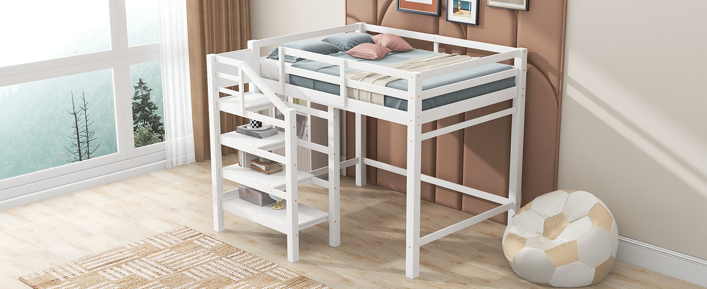 Cama alta de tamaño completo con escalera de almacenamiento incorporada y percha para ropa, acabado blanco