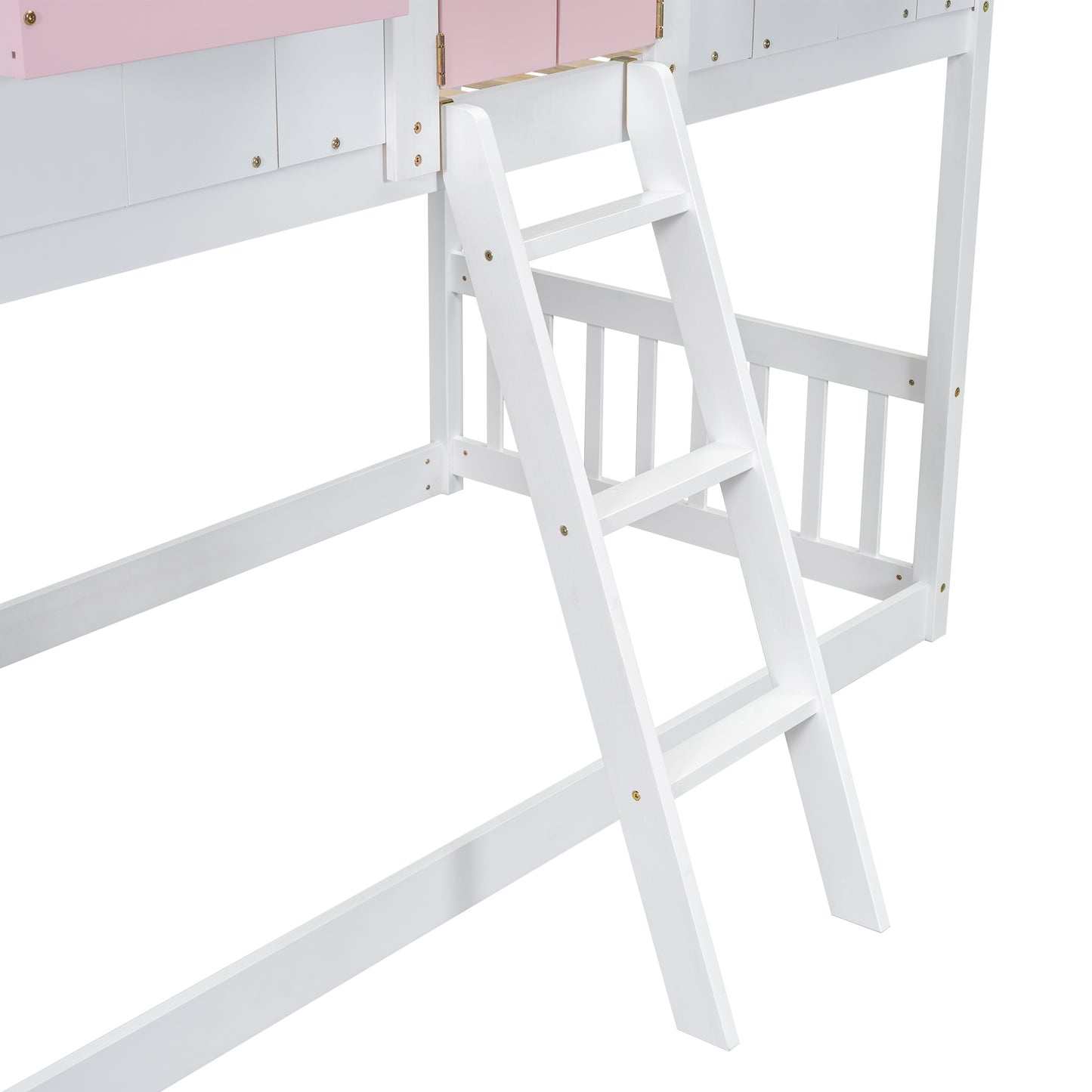 Twin over Twin House Bunk Bed with Roof , Window, Window Box, Door , with Safety Guardrails and Ladder, Pink/White