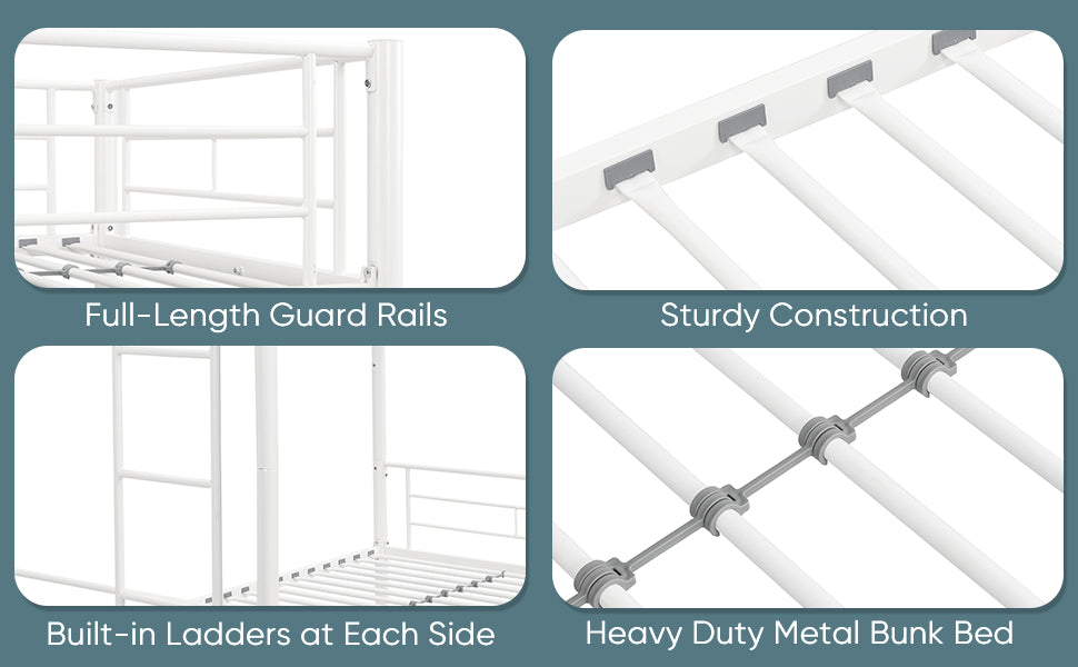 Literas gemelas de metal con barandillas de seguridad y 2 escaleras, diseño convertible en color blanco