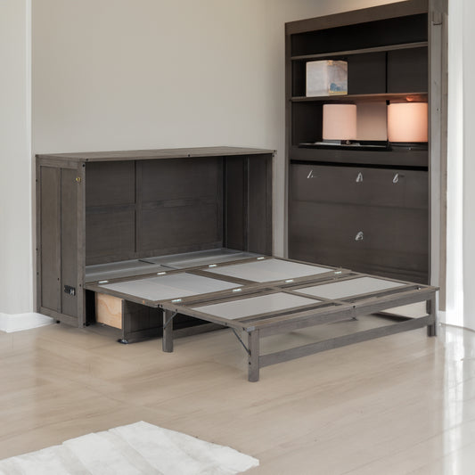 Queen Size Murphy Bed with Built-In Charging Station, Antique Grey Finish for Modern Bedrooms