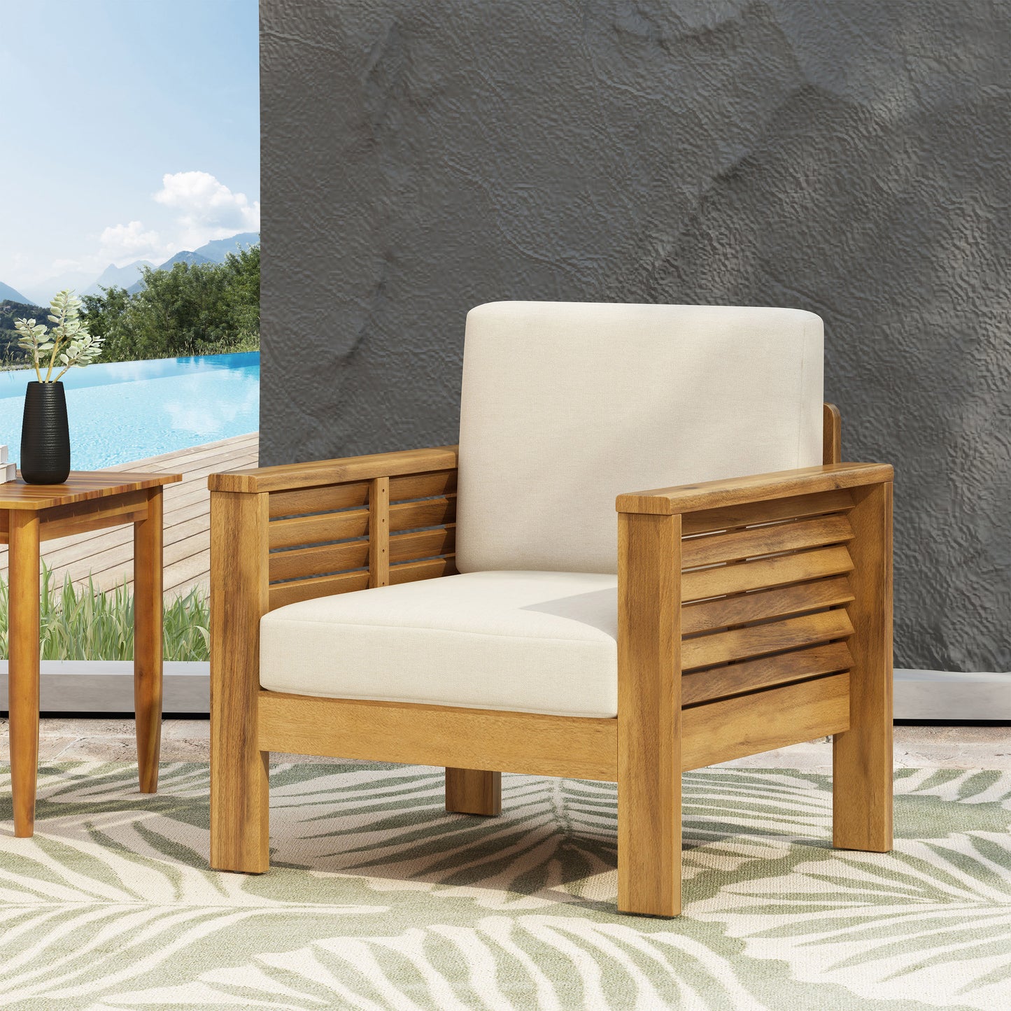 Outdoor Acacia Wood Club Chairs with Cushions, Teak and Beige Finish, Perfect for Patios