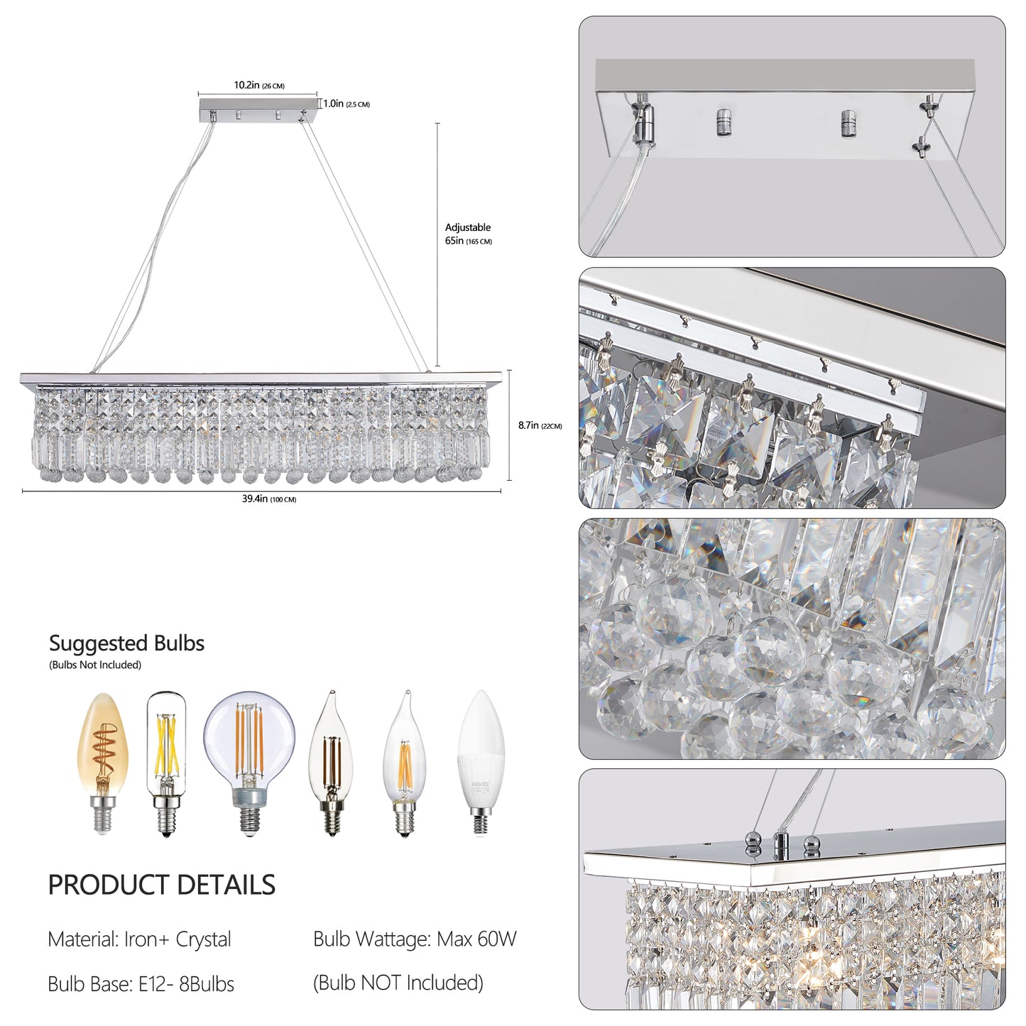 Modern Crystal Chandelier for Dining Room 8-Light White Rectangle Raindrop L39.4'' x W9.8'' x H8.7'(Bulb Not Included)