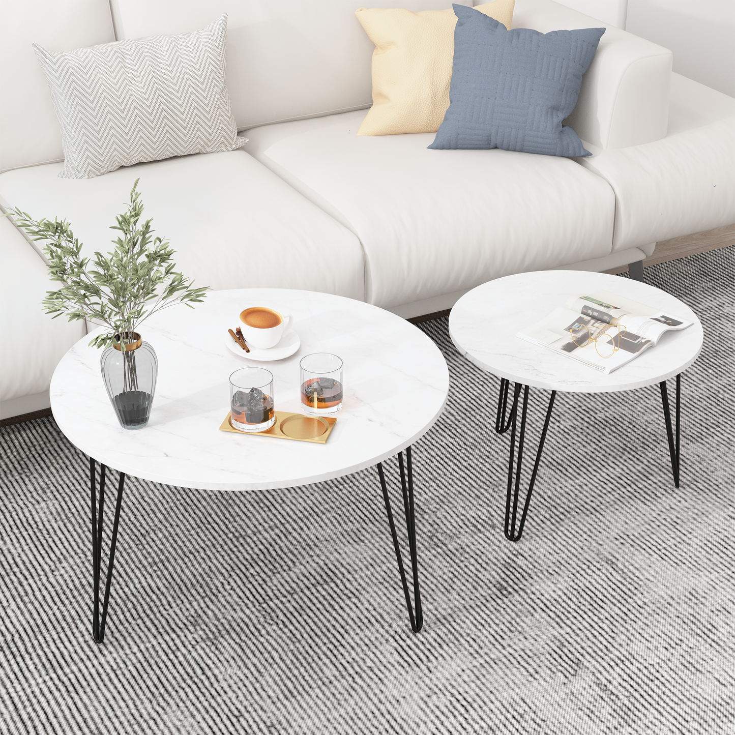 27.56'' Round Nesting Coffee Table Set of 2, Circular Nesting End Table Set Sturdy Metal Base for Living Room, bedroom, White