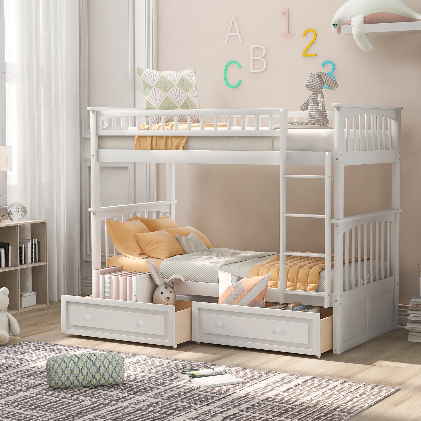 Twin over Twin Bunk Bed with Drawers  Convertible Beds  White