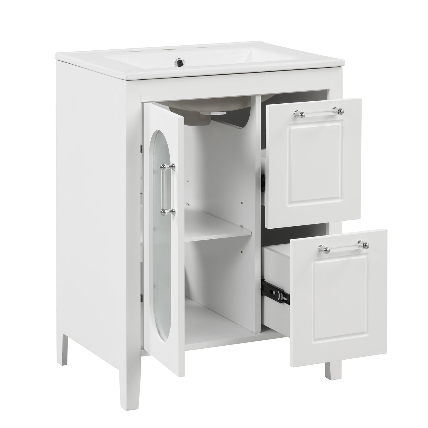 Bathroom Vanity with Sink, Bathroom Vanity Cabinet with Two Drawers and Door, Adjustable Shelf, Solid Wood and MDF, White