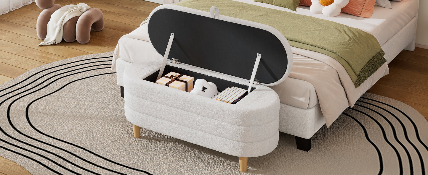 Elegant Upholstered Sherpa Fabric Storage Ottoman with Wood Legs, Storage Bench for Bedroom, Living Room, White