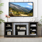 Mantel Stone modern entertainment console, manually stacked stone surrounds open storage space, gray