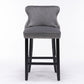 Velvet padded wing back bar stool with button tuft decoration and wooden leg chrome nail head decoration 2-piece set (gray)