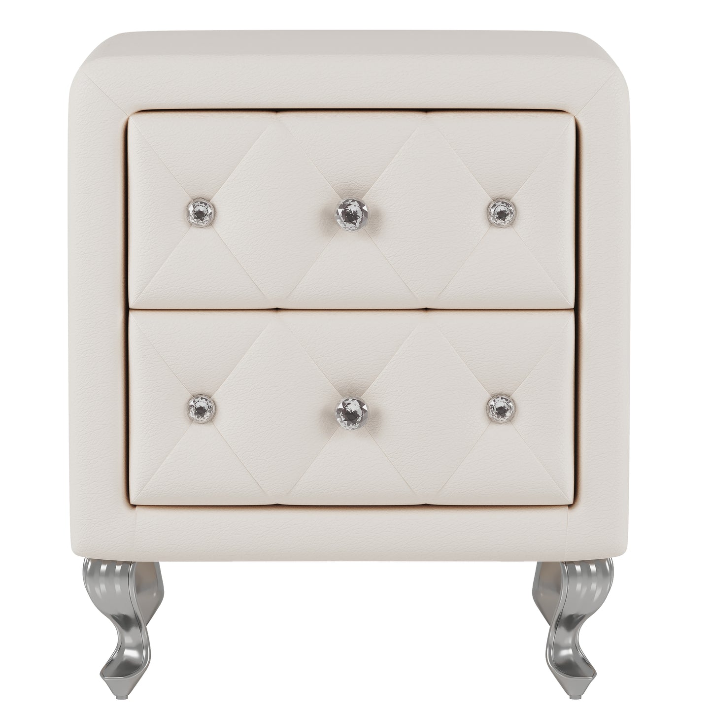 Elegant PU bedside table with 2 drawers and crystal handles, storage with metal legs - white