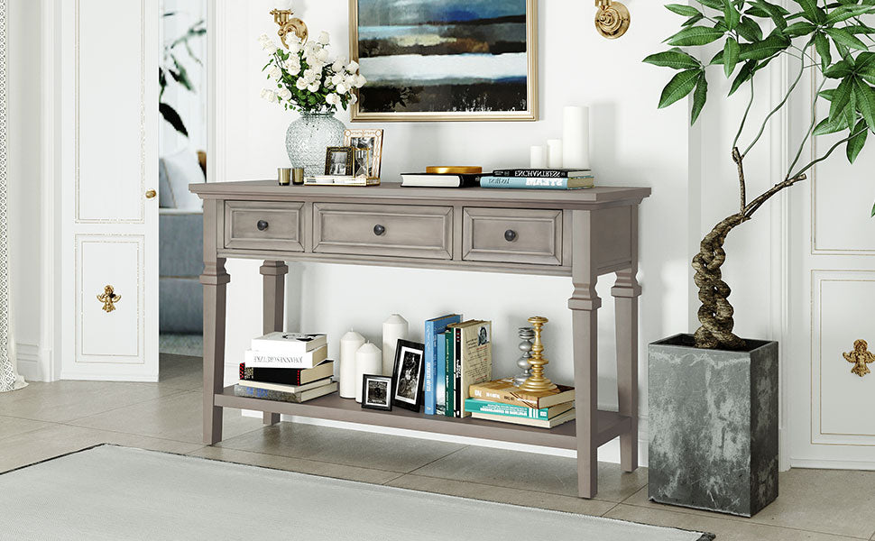 TREXM Classic Retro Style Console Table with Three Top Drawers and Open Style Bottom Shelf (Gray Wash)