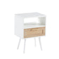 Rattan End table with drawer and solid wood legs Modern nightstand side table for living room white