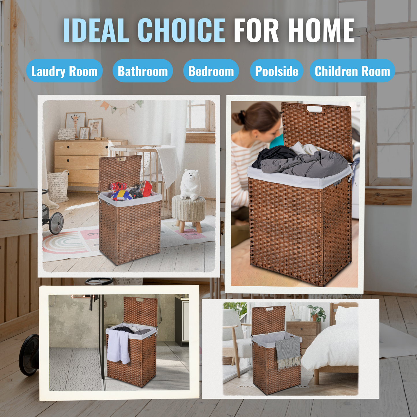 Laundry Hamper With Lid PE Rattan Powder Coating Frame Clothes Hampers with 02 Removable Bags, 100L, Brown Color