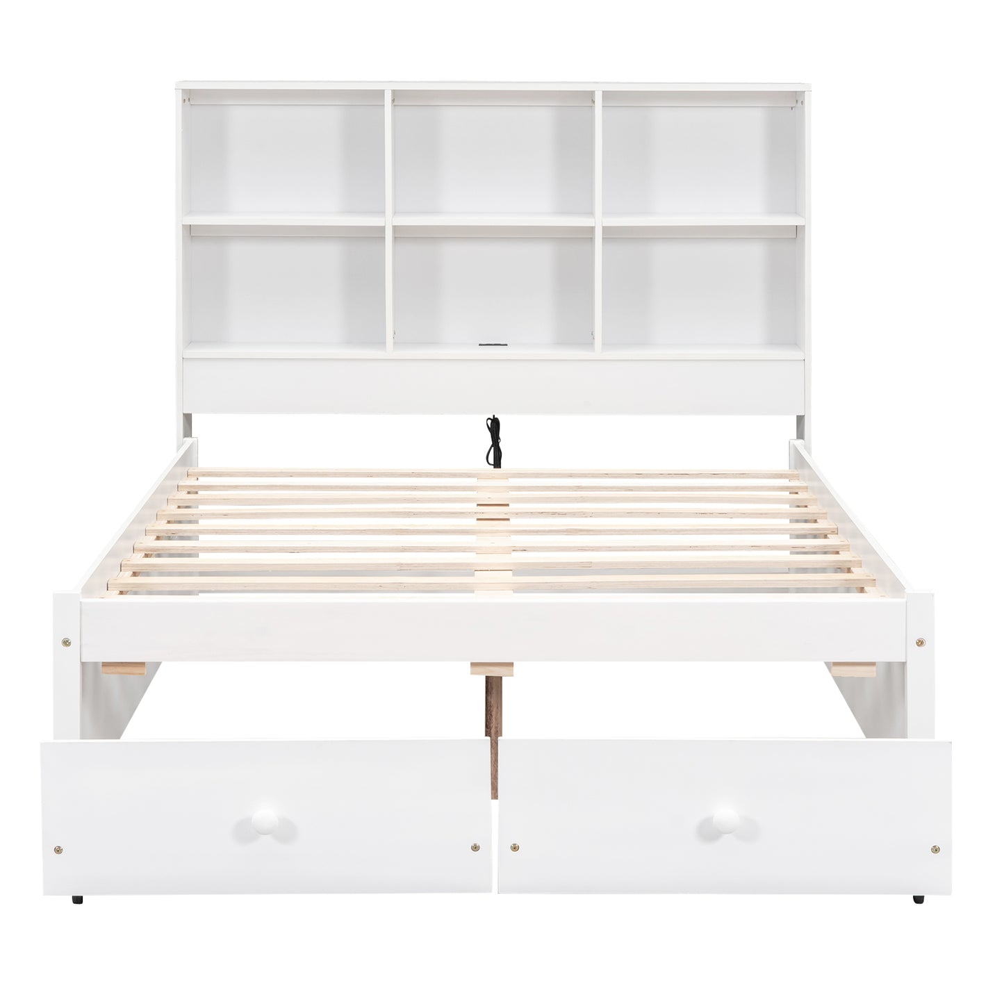 Full Size Platform Bed with Storage Headboard, Charging Station and 2 Drawers White