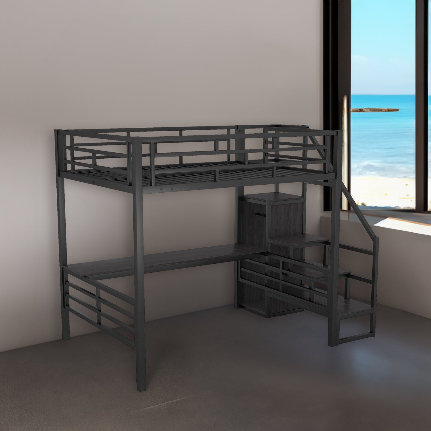 Full Size Metal Loft Bed with Desk, Storage Staircase and Small Wardrobe, Storage stairs can be installed left and right,Black