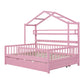 Wooden Full Size House Bed with Twin Size Trundle Kids Bed with Shelf Pink