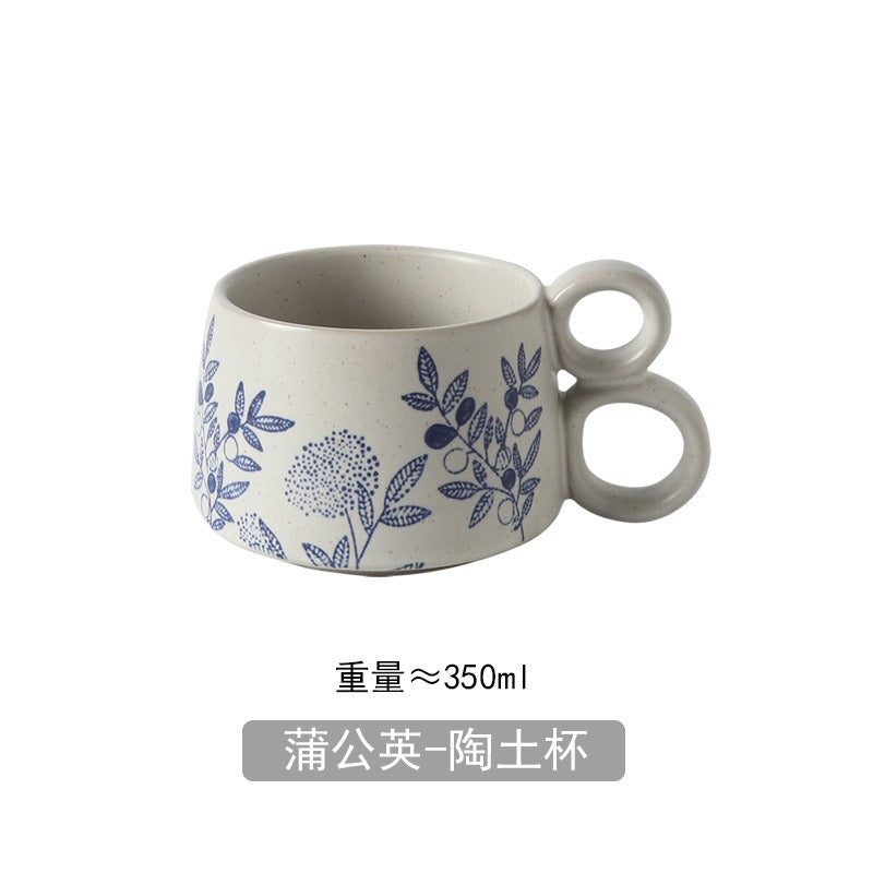 Hand-painted blue and white glazed mugs, retro rough pottery creative household water cups, underglaze colored coffee