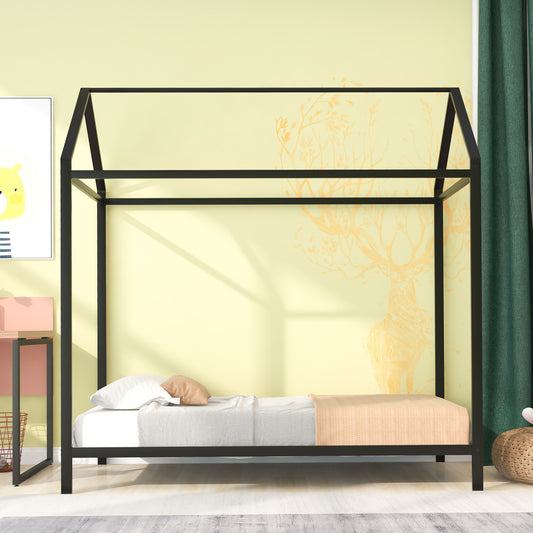 House Bed Frame Twin Size  Kids Bed Frame Metal Platform Bed Floor Bed for Kids Boys Girls No Box Spring Needed Black