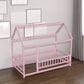 Twin Size Floor Wooden Bed with House Roof Frame, Fence Guardrails,Pink