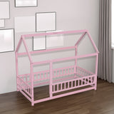 Twin Size Floor Wooden Bed with House Roof Frame, Fence Guardrails,Pink