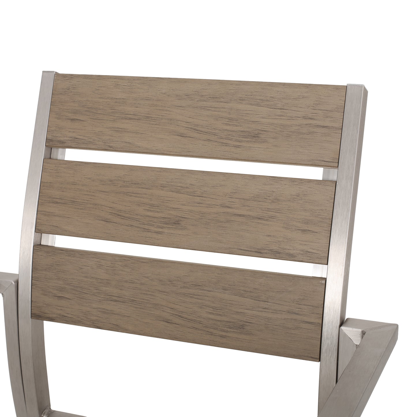 Silla de comedor moderna de aluminio para exteriores con asiento de madera sintética, juego de 2 en color natural y plateado