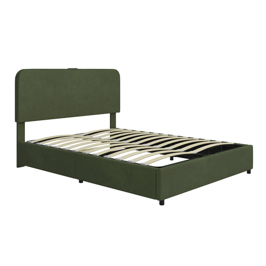 Large hydraulic storage bed with soft cushion lifting storage bed with RGB LED lights, Bluetooth speaker lychee velvet, green