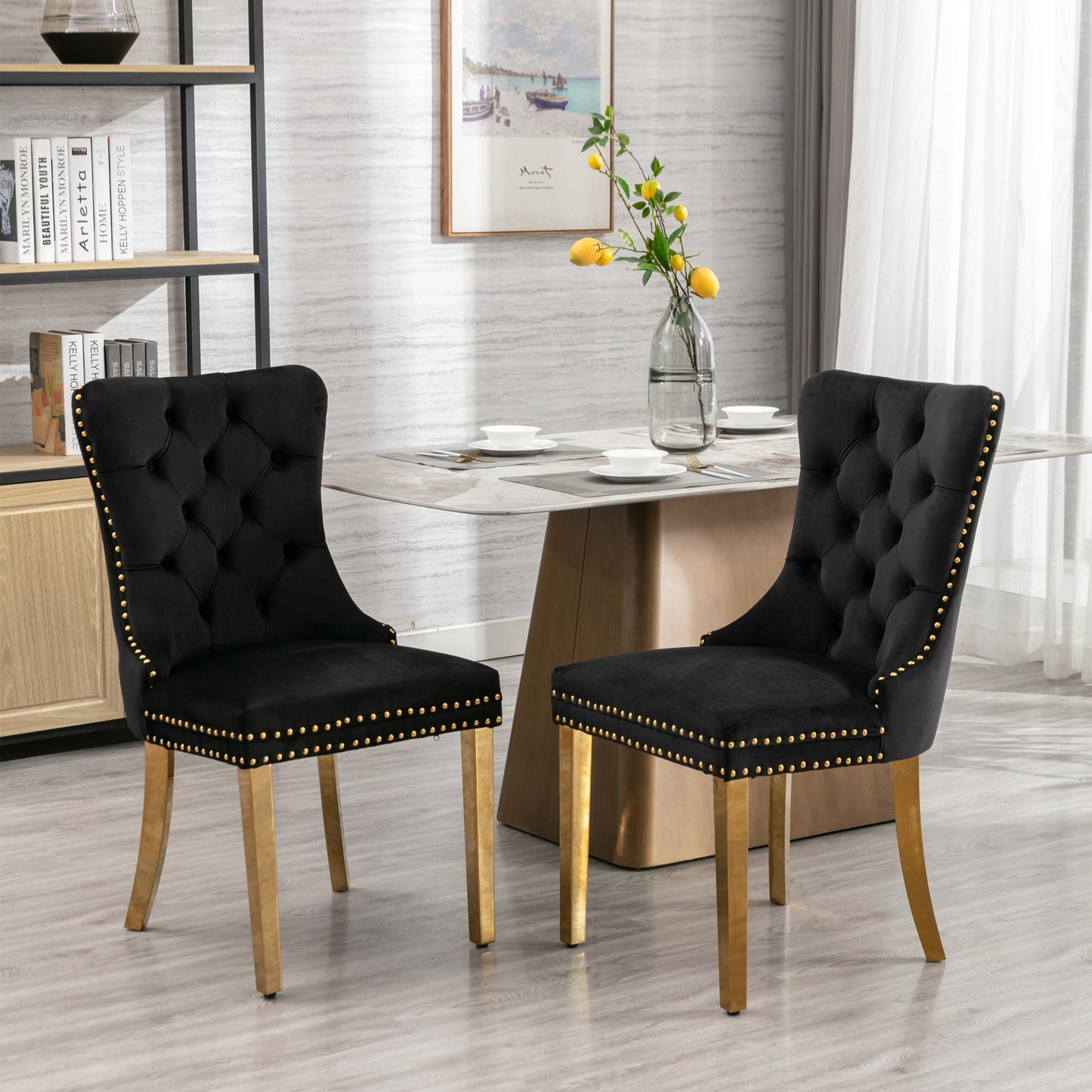 Solid wood velvet cushion chair, gold-plated stainless steel chair leg nail head decoration 2-piece set in black and gold