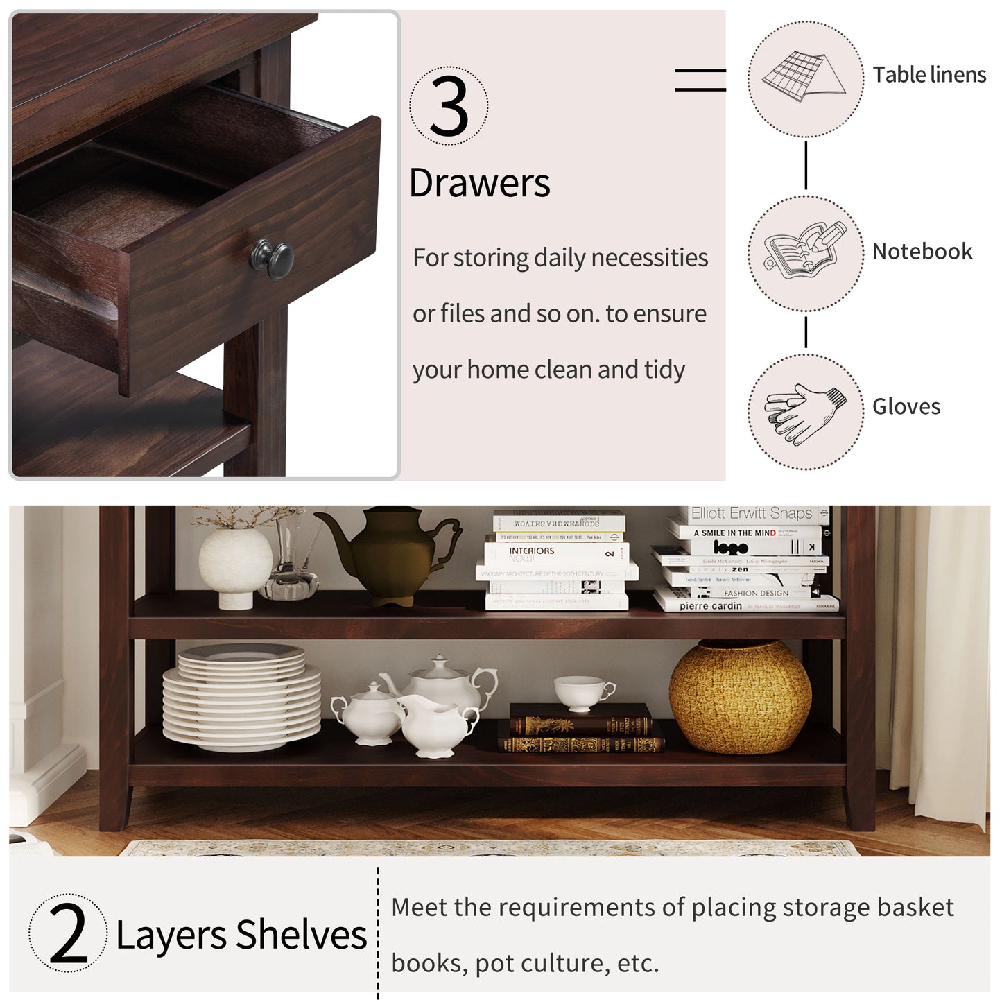 Retro Design Console Table with Two Open Shelves, Pine Solid Wood Frame and Legs for Living Room (Espresso)