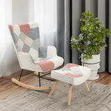 Rocking Chair with ottoman, Mid Century Fabric Rocker Chair with Wood Legs and Patchwork Linen for Livingroom Bedroom