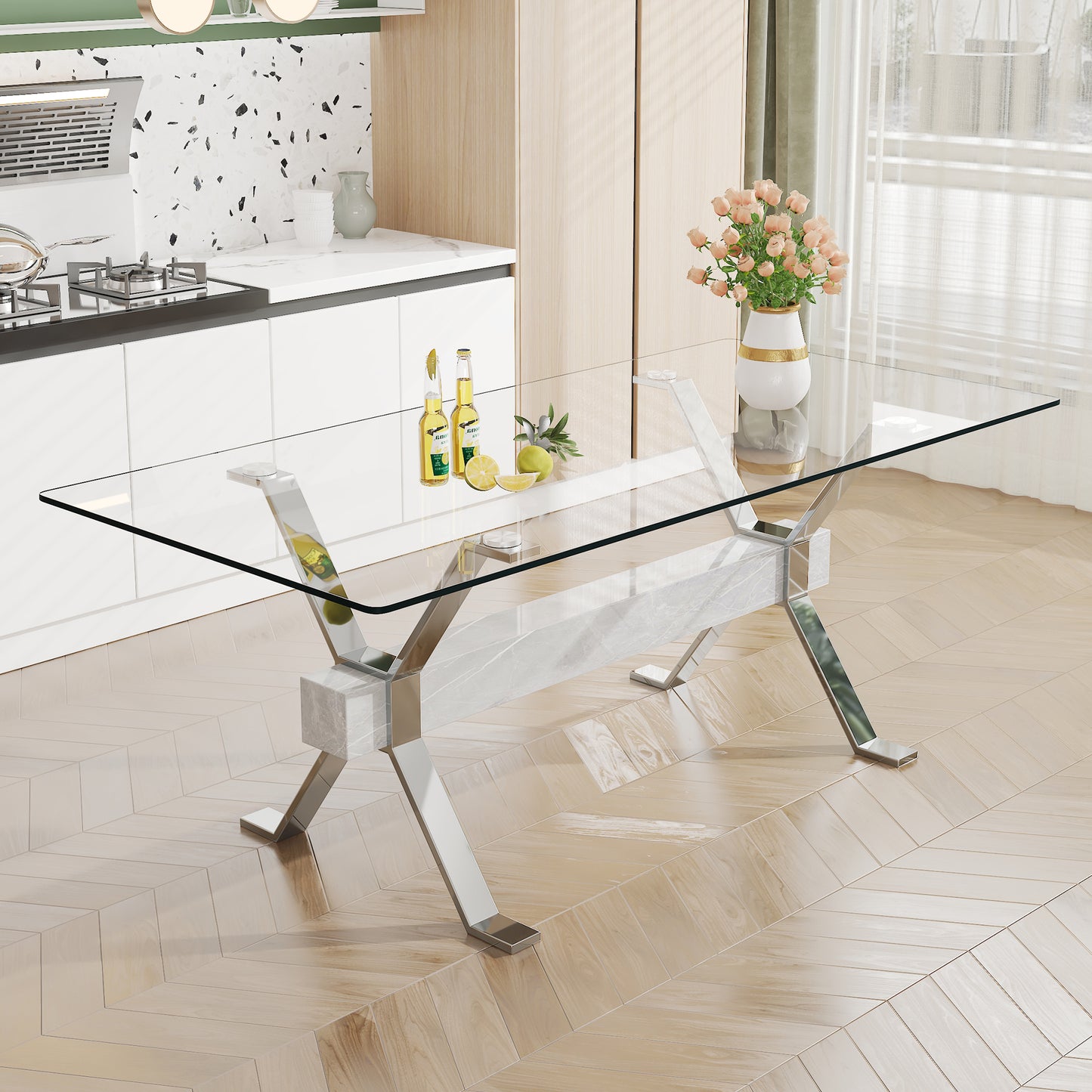 Modern Tempered Glass Dining Table, 79" x 39" x 30", Sleek Design for Dining Rooms