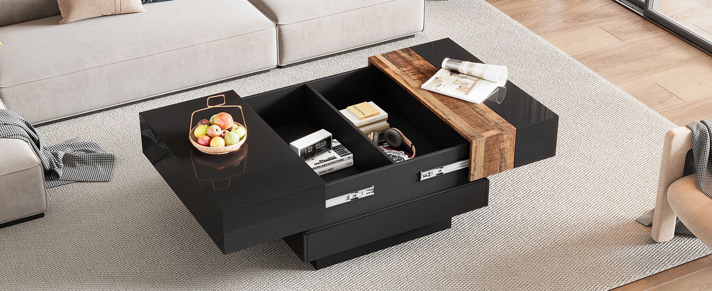 ON-TRANS 31.4-Inch High Gloss Center Table with Sliding Tabletop and Hidden Storage, Black Finish