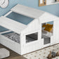 Wood Full Size House Bed with Roof, Window and Guardrail White