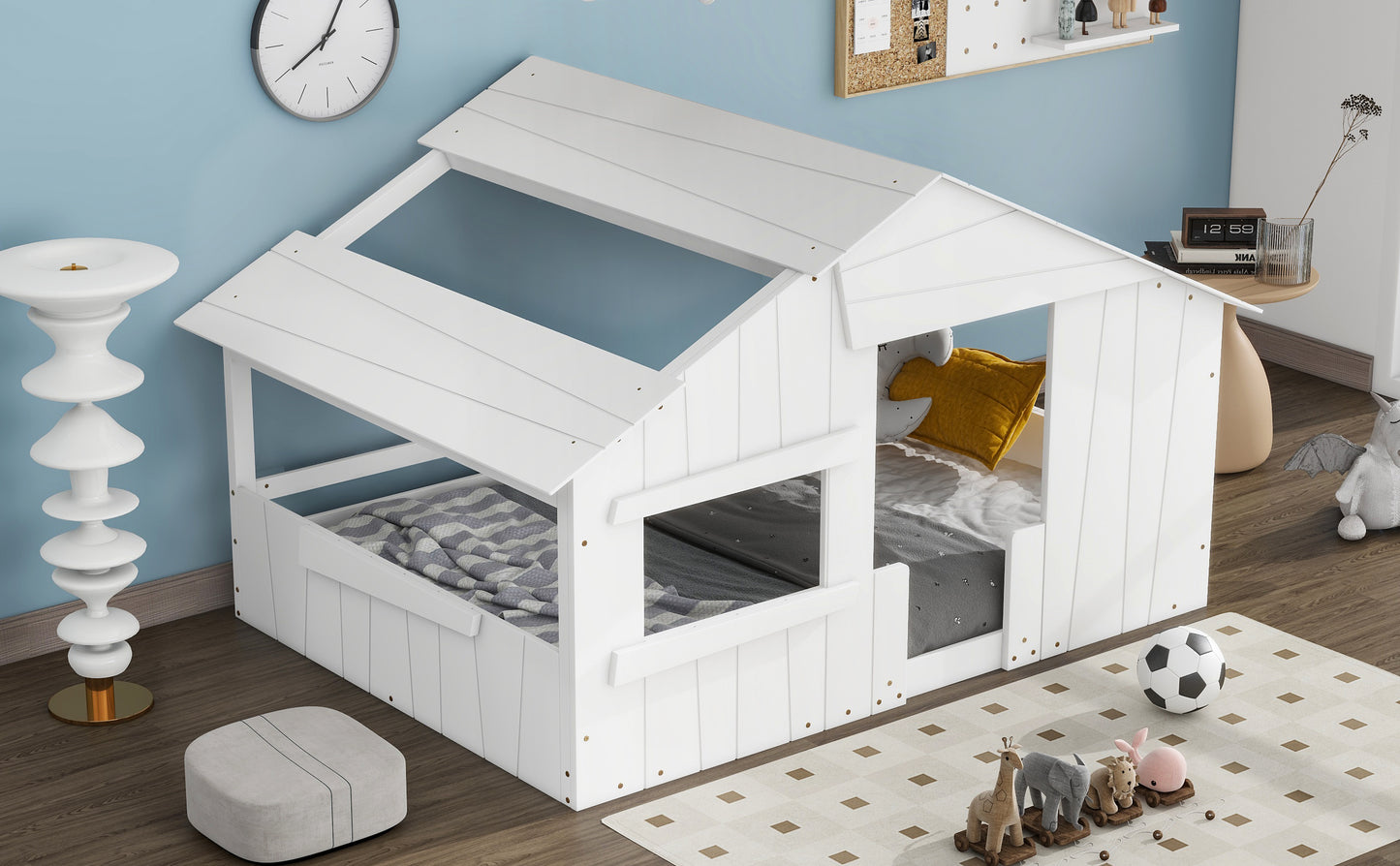 Wood Full Size House Bed with Roof, Window and Guardrail White