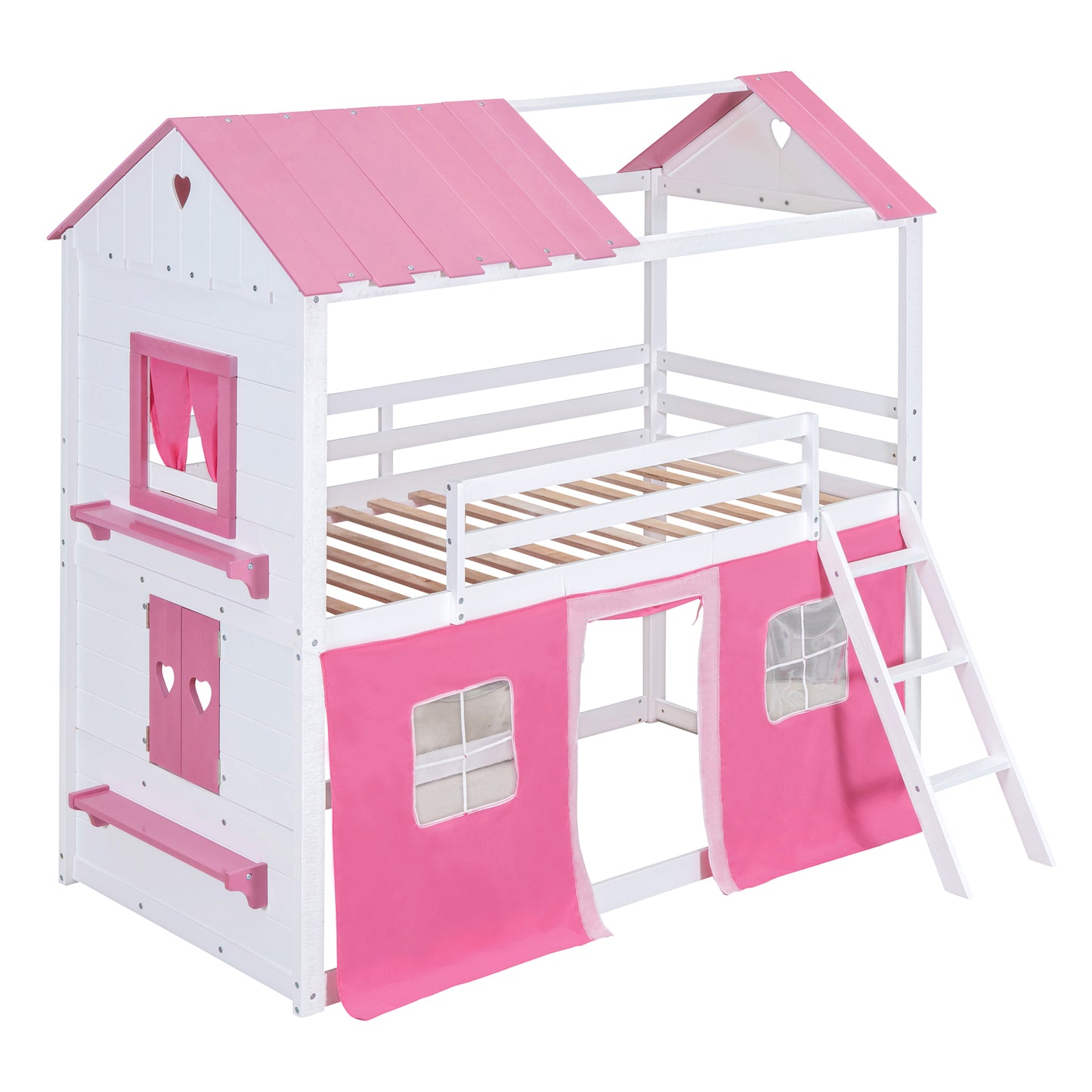 Twin Size Bunk Wood House Bed with Elegant Windows, Sills and Tent, Pink+White