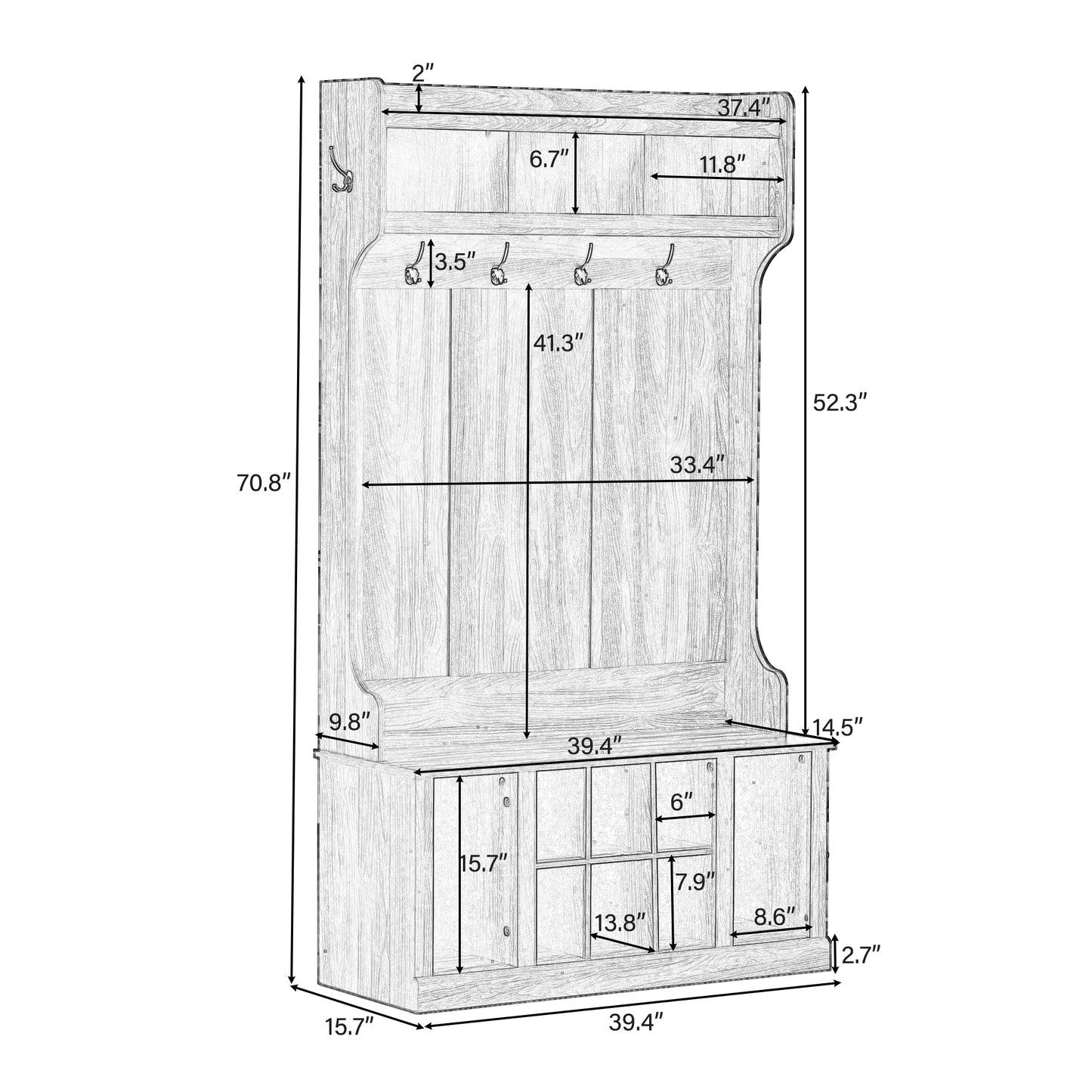 U-Can Hall Tree with 6 Hooks Coat Hanger Entryway Bench Storage Bench (Tiger)