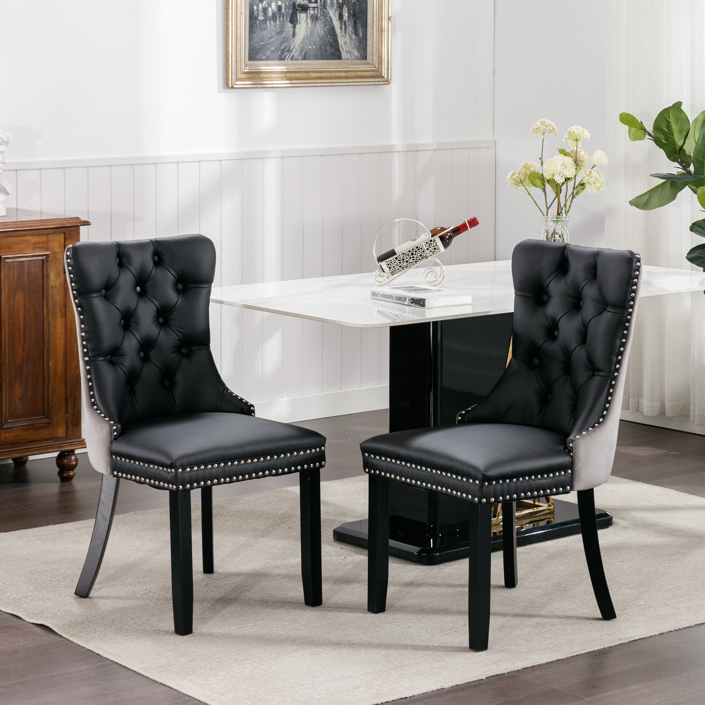 Tufted Solid Wood Contemporary PU and Velvet Upholstered Dining Chair with Wood Legs Nailhead Trim 2-Pcs Set Black+Gray