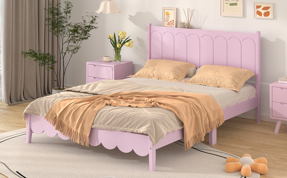 Full Size Wood Platform Bed Frame, Retro Style Bed with Rectangular Headboard,No Need Box Spring,Pink